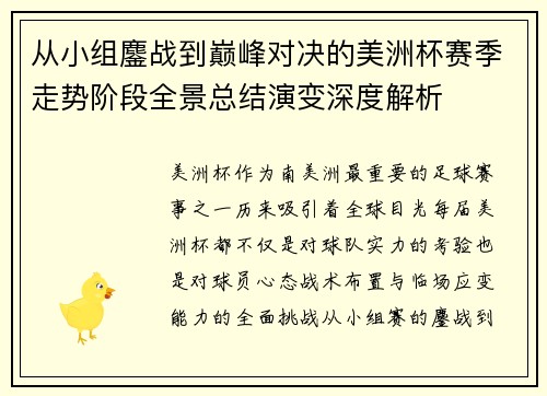 从小组鏖战到巅峰对决的美洲杯赛季走势阶段全景总结演变深度解析